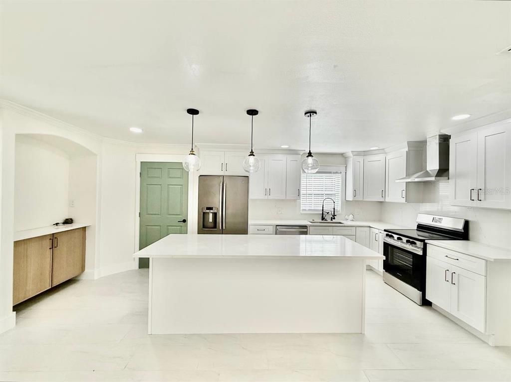 Interior, Kitchen, Marble, Pendant Lights, Recessed Lighting, Stainless Steel Appliances
