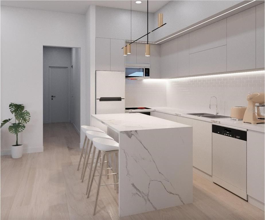 Interior, Kitchen, Marble Walls, Pendant Lights, Recessed Lighting, Wood Texture Flooring