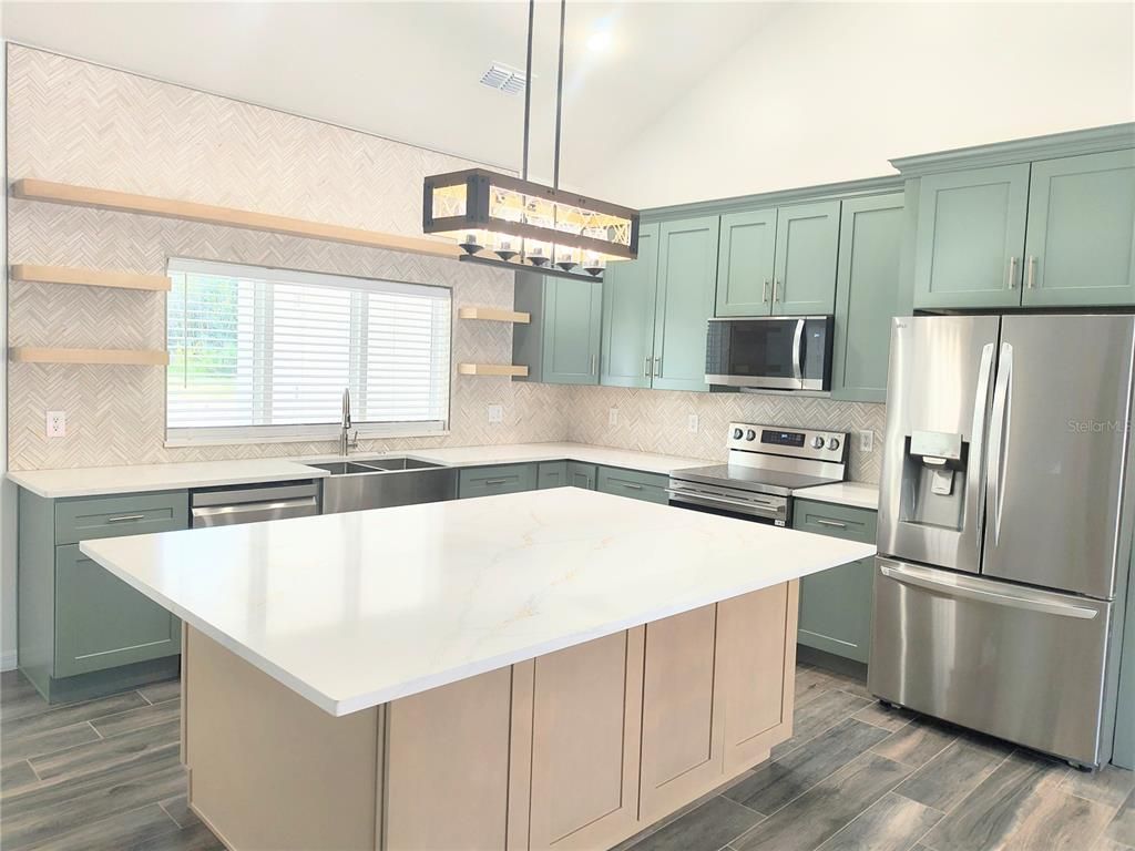 Interior, Kitchen, Pendant Lights, Stainless Steel Appliances, Wood Texture Flooring
