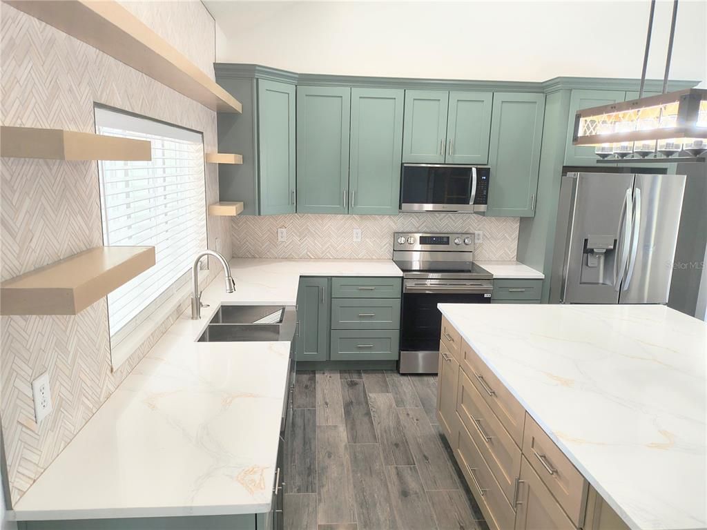 Interior, Kitchen, Pendant Lights, Stainless Steel Appliances, Wood Texture Flooring