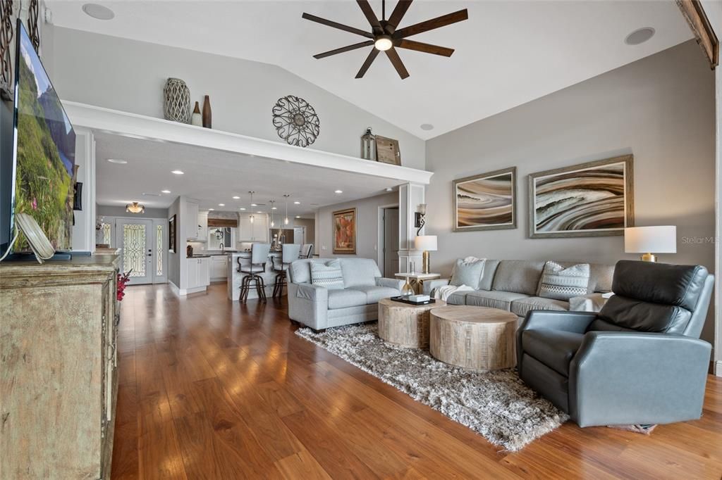 Dining room, Interior, Kitchen, Living room, Pendant Lights, Recessed Lighting, Stainless Steel Appliances, Wood Texture Flooring