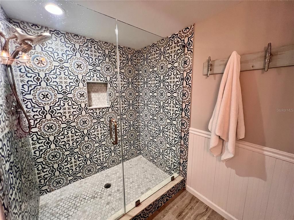 Bathroom, Glass Shower, Interior, Recessed Lighting, Wood Texture Flooring