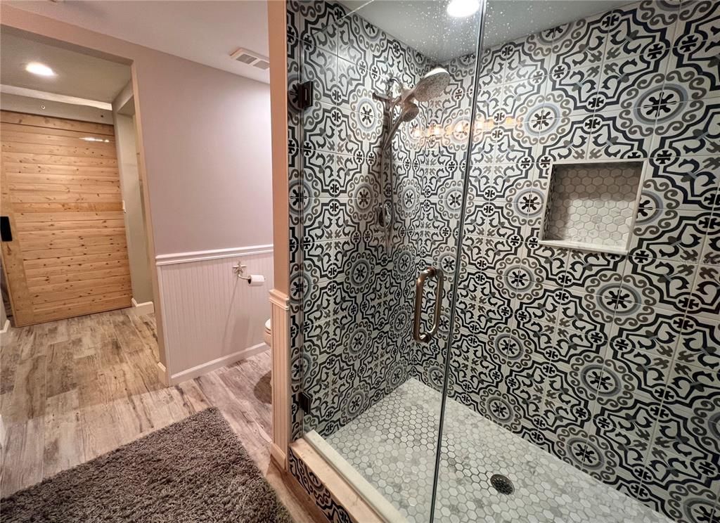 Bathroom, Glass Shower, Interior, Recessed Lighting, Wood Texture Flooring