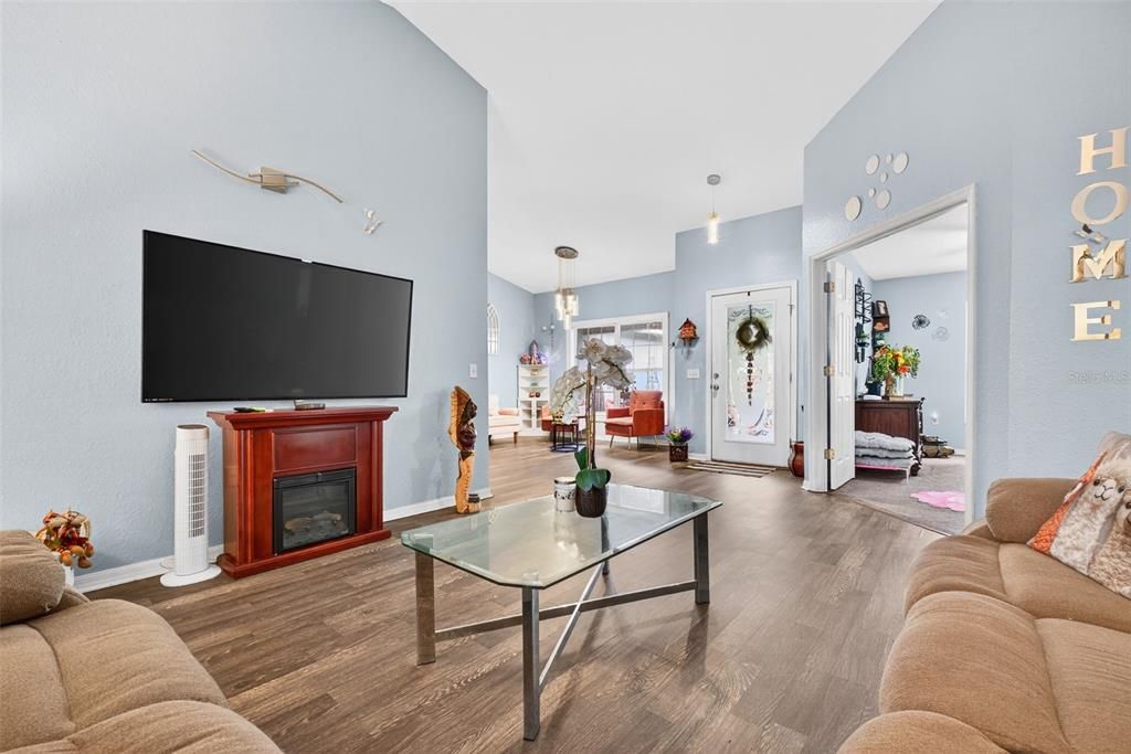 Fireplace, Interior, Living room, Pendant Lights, Wood Texture Flooring