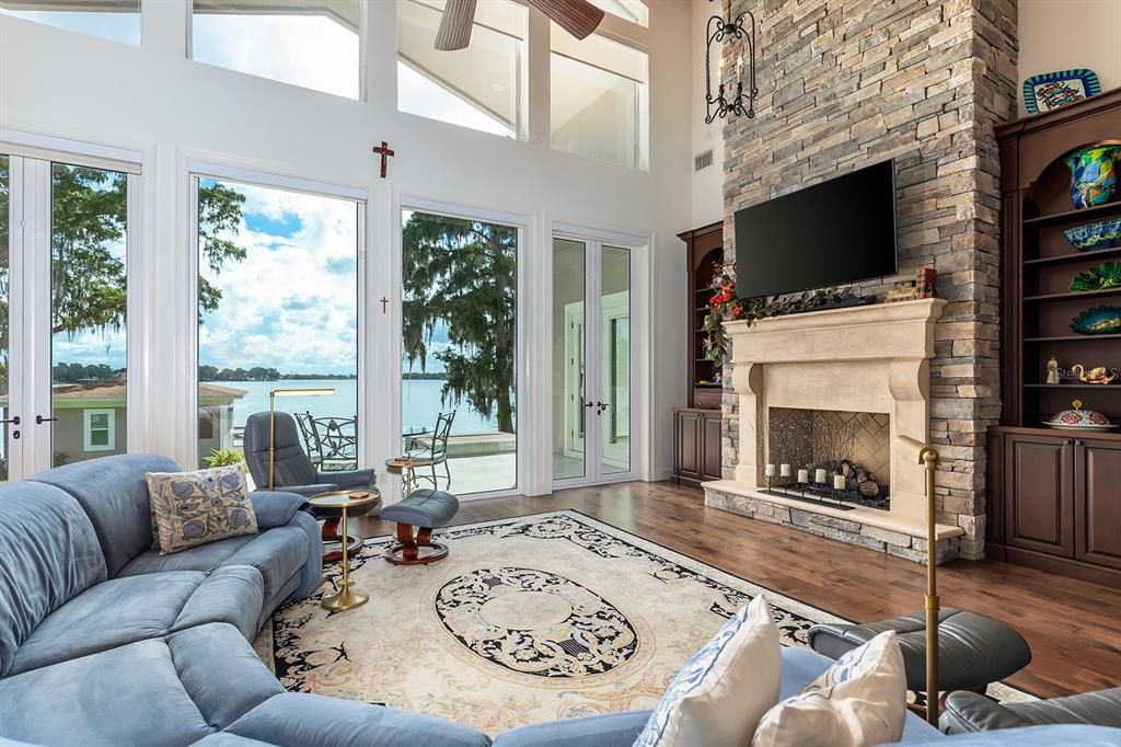 Fireplace, Interior, Living room, Stone Walls, Water, Wood Texture Flooring