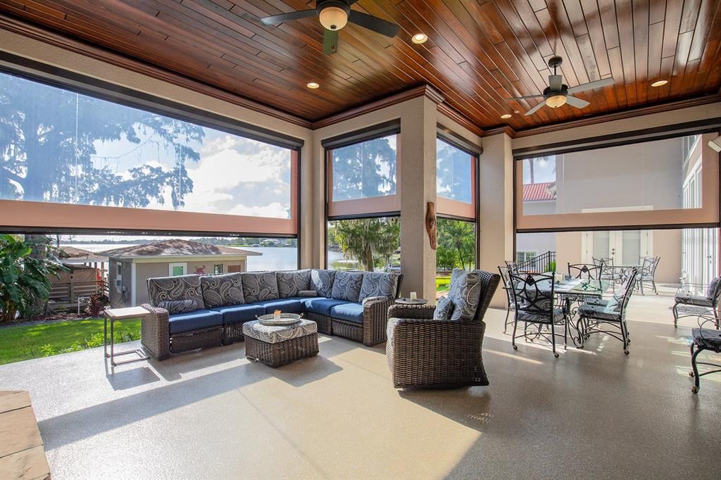 Dining room, Interior, Living room, Recessed Lighting, Sun Room, Water, Wooden Ceilings