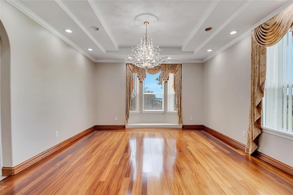 Chandelier, Empty room, Interior, Recessed Lighting, Wood Texture Flooring