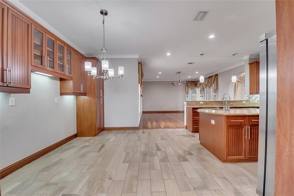 Chandelier, Interior, Kitchen, Pendant Lights, Recessed Lighting, Wood Texture Flooring