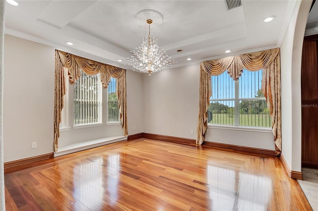 Chandelier, Empty room, Interior, Recessed Lighting, Wood Texture Flooring