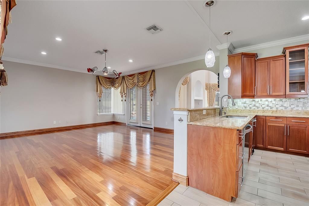 Interior, Kitchen, Pendant Lights, Recessed Lighting, Wood Texture Flooring