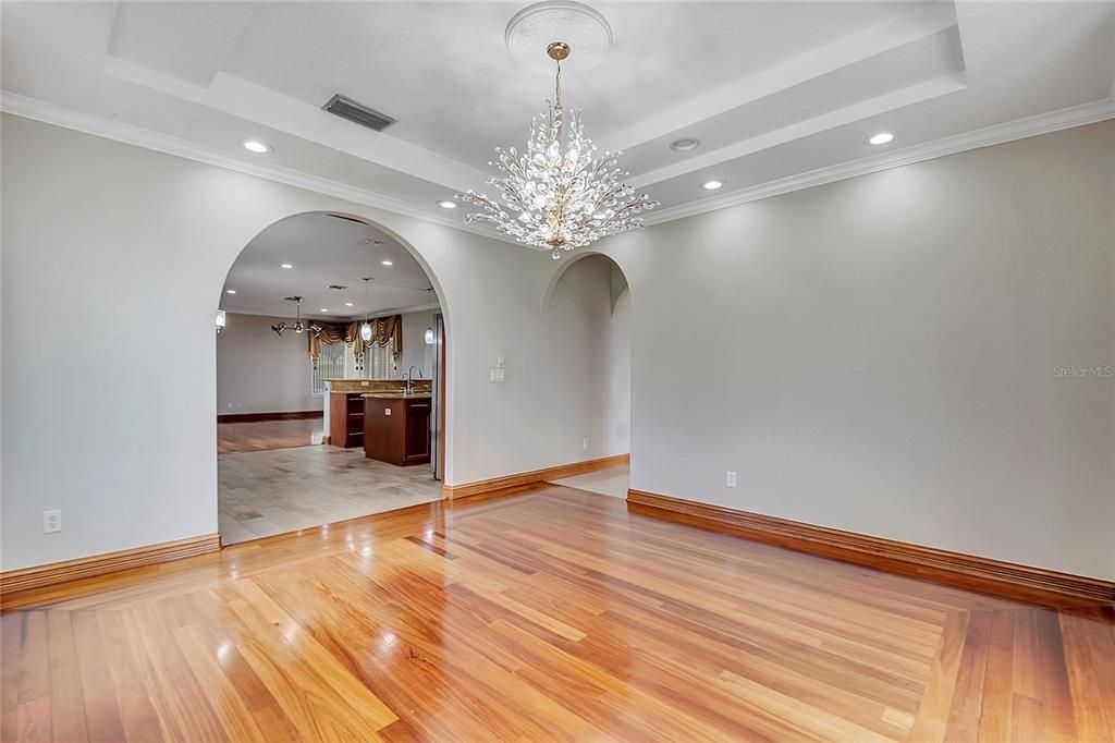 Chandelier, Empty room, Interior, Recessed Lighting, Wood Texture Flooring