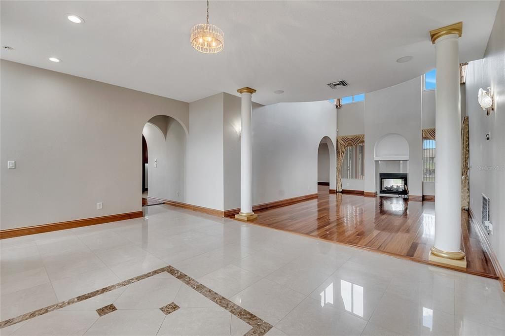 Fireplace, Interior, Pendant Lights, Recessed Lighting, Wood Texture Flooring