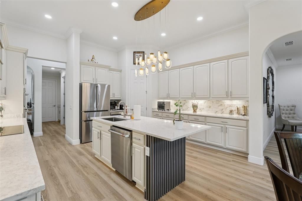 Interior, Kitchen, Pendant Lights, Recessed Lighting, Stainless Steel Appliances, Wood Texture Flooring