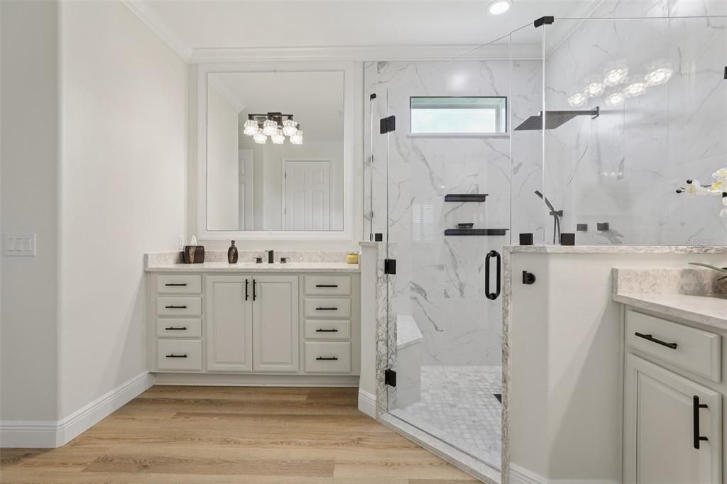 Bathroom, Glass Shower, Interior, Marble Walls, Recessed Lighting, Wood Texture Flooring