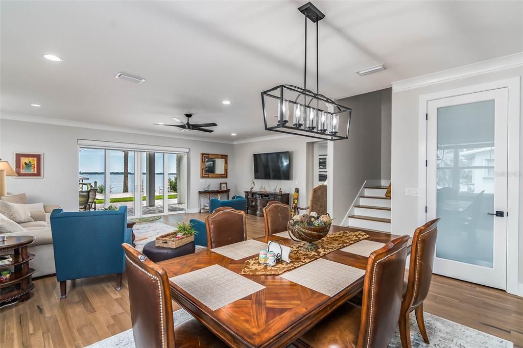 Dining room, Interior, Living room, Pendant Lights, Recessed Lighting, Water, Wood Texture Flooring
