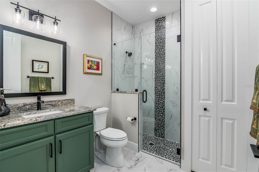 Bathroom, Glass Shower, Interior, Marble, Marble Walls, Recessed Lighting