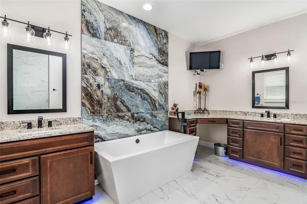Bathroom, Dual Sink Vanities, Free Standing Baths, Interior, Marble, Marble Walls, Recessed Lighting