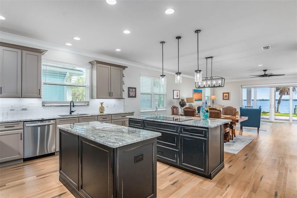 Dining room, Interior, Kitchen, Pendant Lights, Recessed Lighting, Water, Wood Texture Flooring
