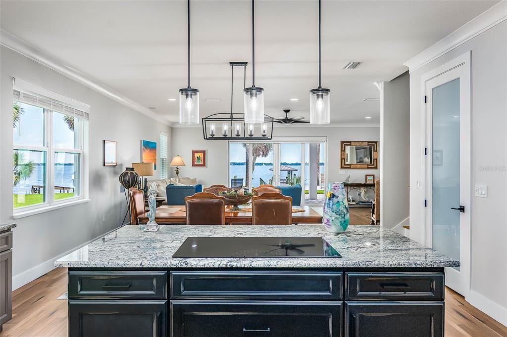 Dining room, Interior, Living room, Pendant Lights, Recessed Lighting, Water, Wood Texture Flooring