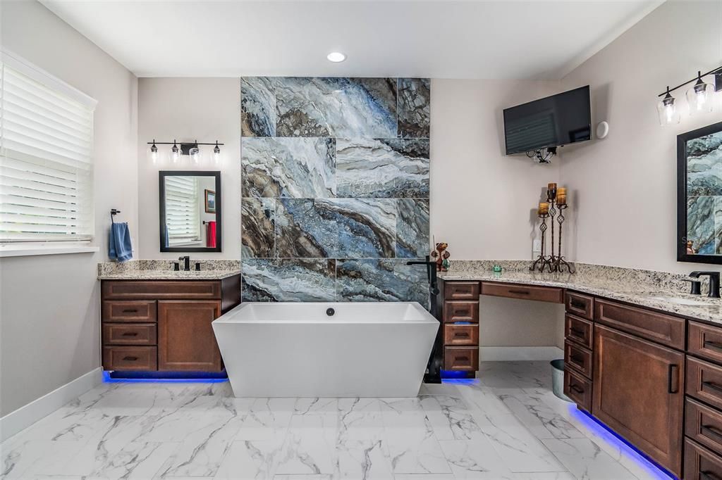 Bathroom, Dual Sink Vanities, Free Standing Baths, Interior, Marble, Marble Walls, Recessed Lighting