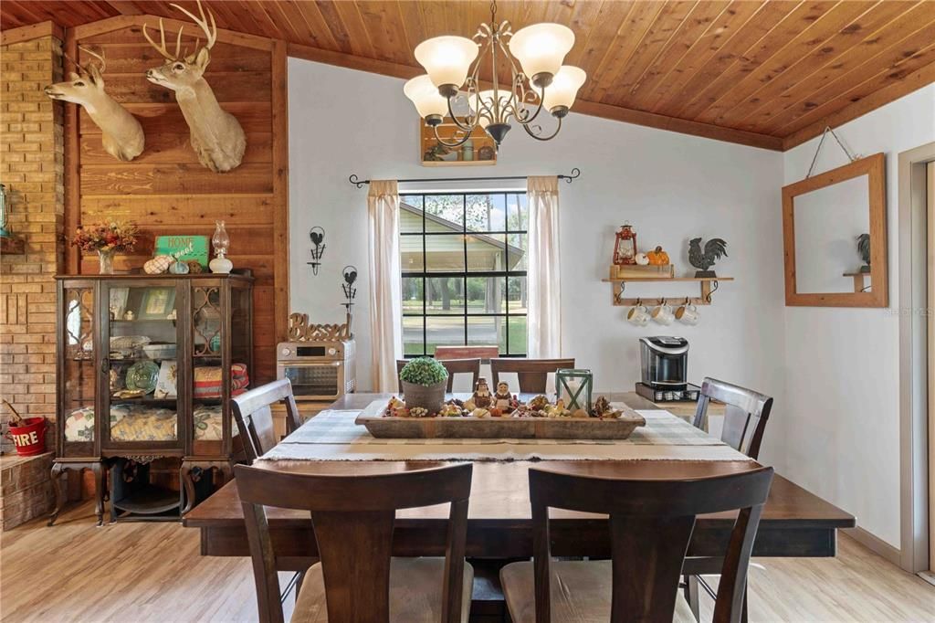 Chandelier, Dining room, Interior, Stone Walls, Wooden Ceilings, Wood Texture Flooring