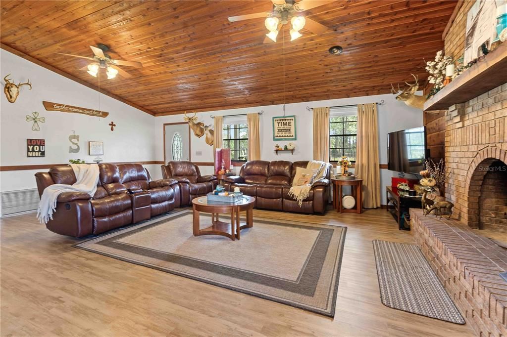 Fireplace, Interior, Living room, Stone Walls, Wooden Ceilings, Wood Texture Flooring
