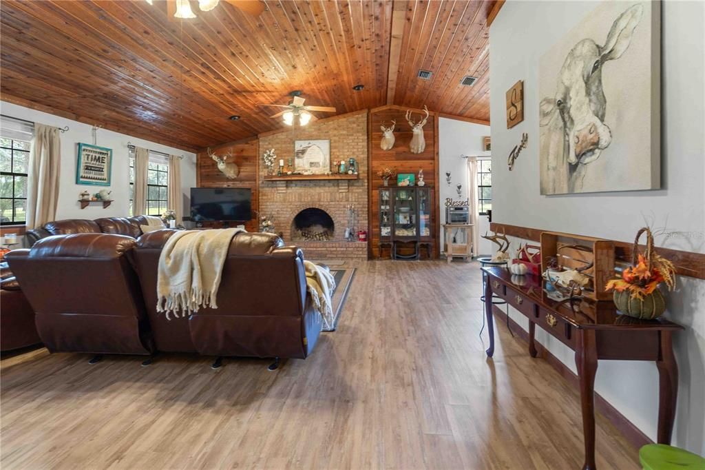 Fireplace, Interior, Living room, Stone Walls, Wooden Ceilings, Wood Texture Flooring