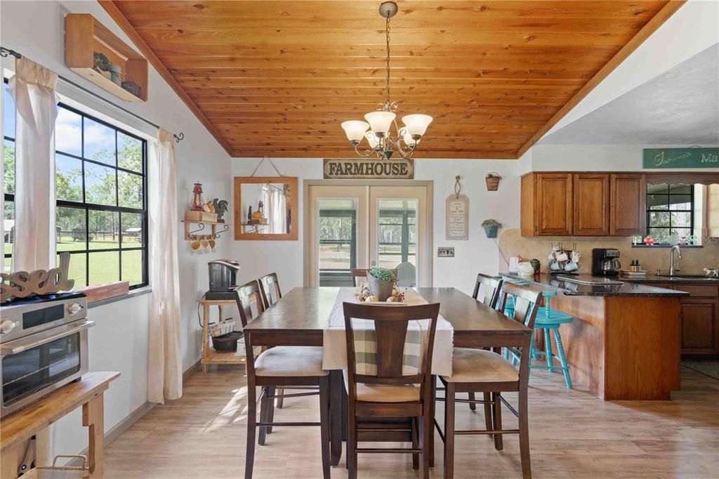 Chandelier, Dining room, Interior, Kitchen, Wooden Ceilings, Wood Texture Flooring