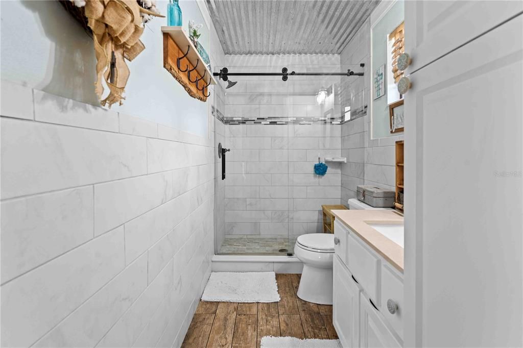 Bathroom, Glass Shower, Interior, Wood Texture Flooring