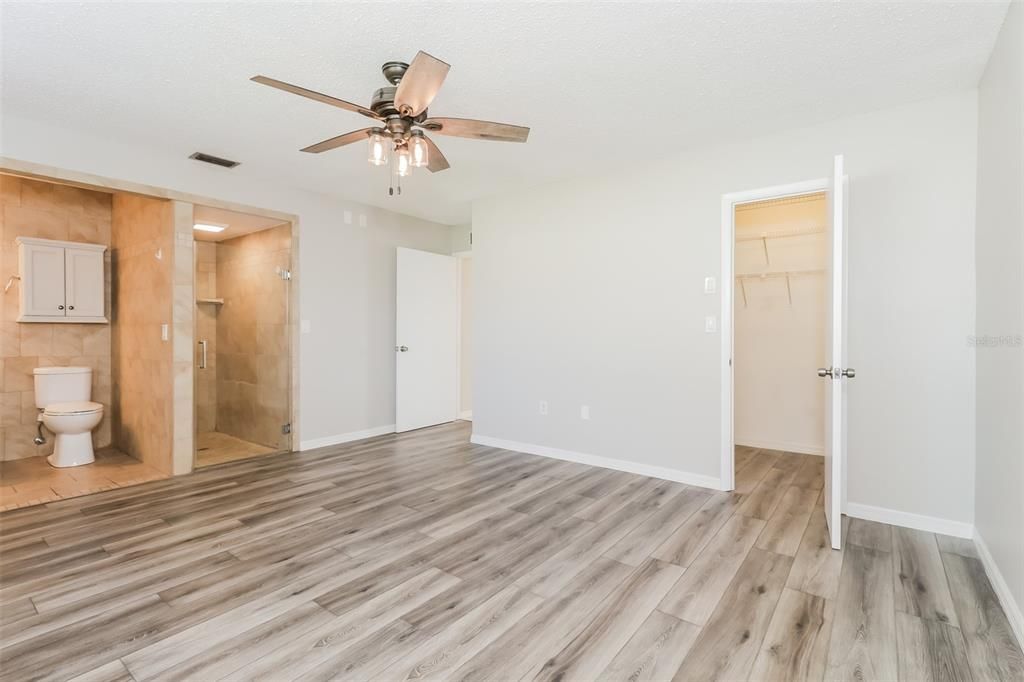 Bathroom, Empty room, Interior, Recessed Lighting, Wood Texture Flooring