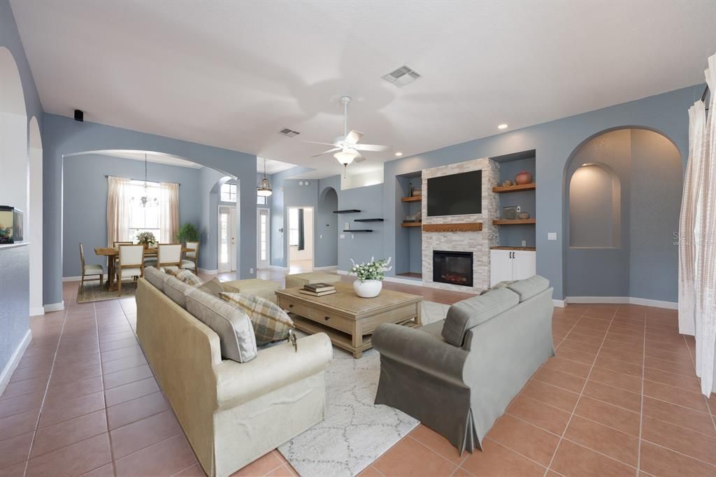 Dining room, Fireplace, Interior, Living room, Pendant Lights, Recessed Lighting