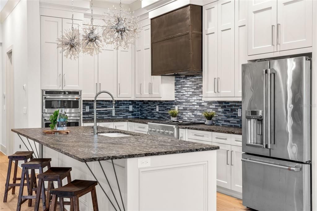 Chandelier, Interior, Kitchen, Stainless Steel Appliances, Wood Texture Flooring