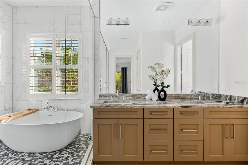 Bathroom, Dual Sink Vanities, Free Standing Baths, Interior, Marble Walls