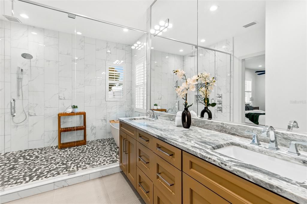 Bathroom, Dual Sink Vanities, Glass Shower, Interior, Marble Walls, Recessed Lighting
