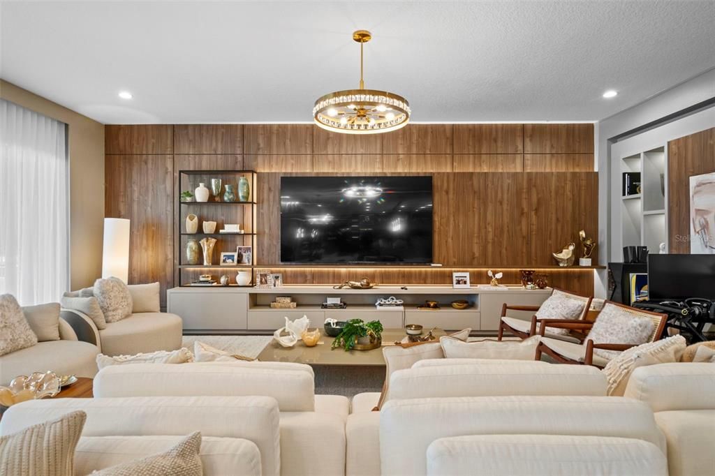 Interior, Living room, Pendant Lights, Recessed Lighting, Wooden Walls