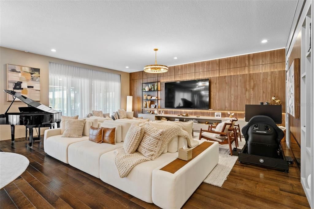 Fireplace, Interior, Living room, Pendant Lights, Piano, Recessed Lighting, Wood Texture Flooring, Wooden Walls