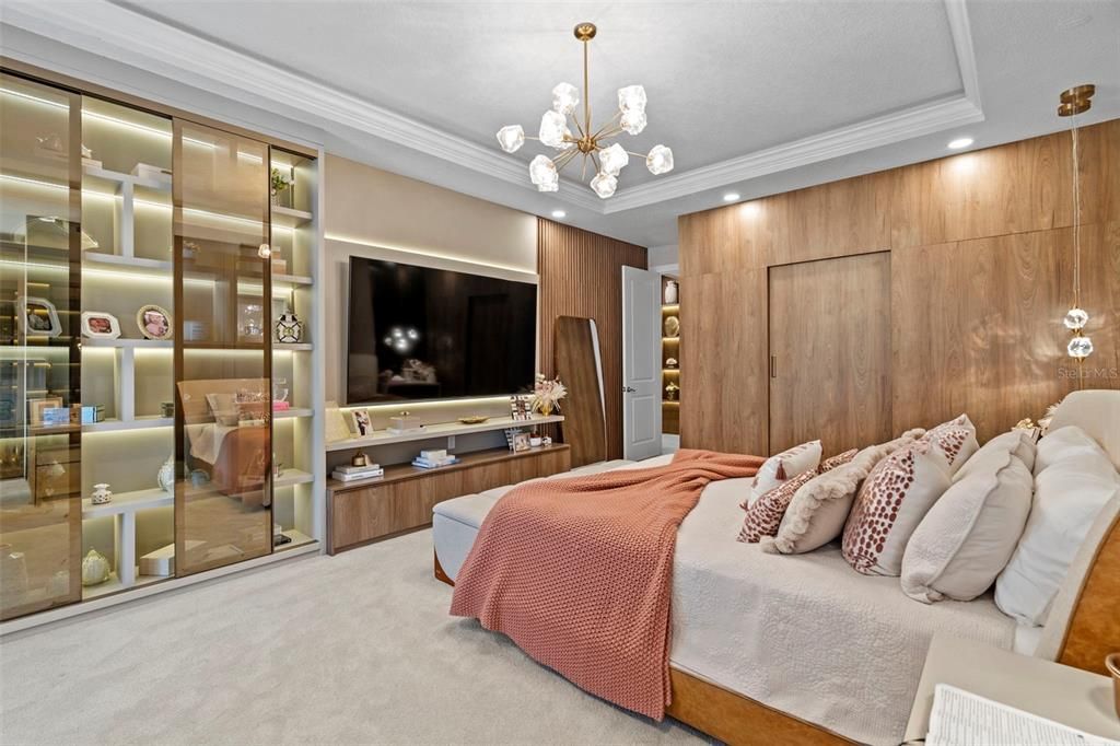 Bedroom, Interior, Pendant Lights, Recessed Lighting, Wooden Walls