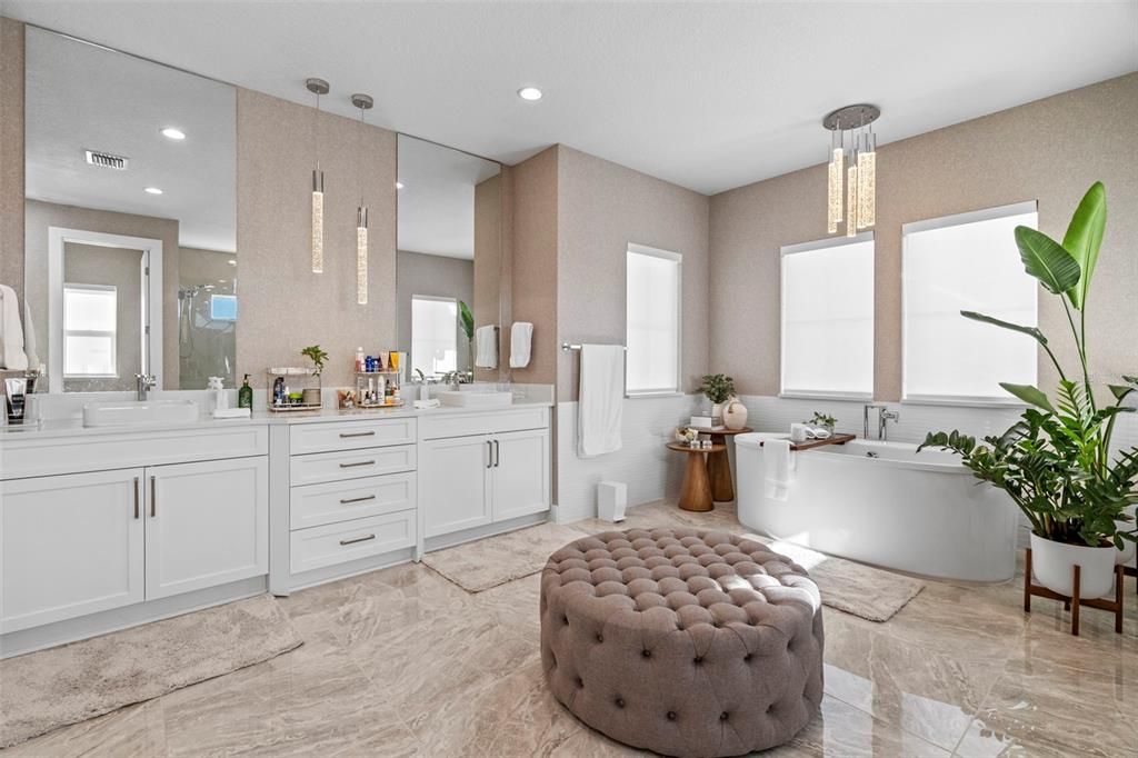 Bathroom, Dual Sink Vanities, Free Standing Baths, Interior, Marble, Pendant Lights, Recessed Lighting