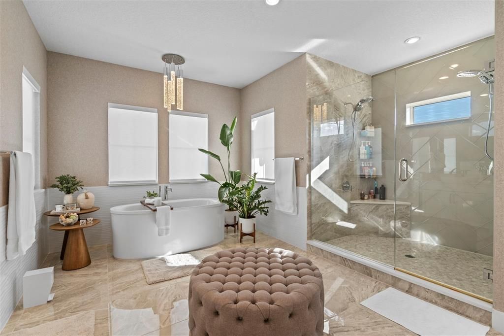 Bathroom, Free Standing Baths, Glass Shower, Interior, Pendant Lights, Recessed Lighting