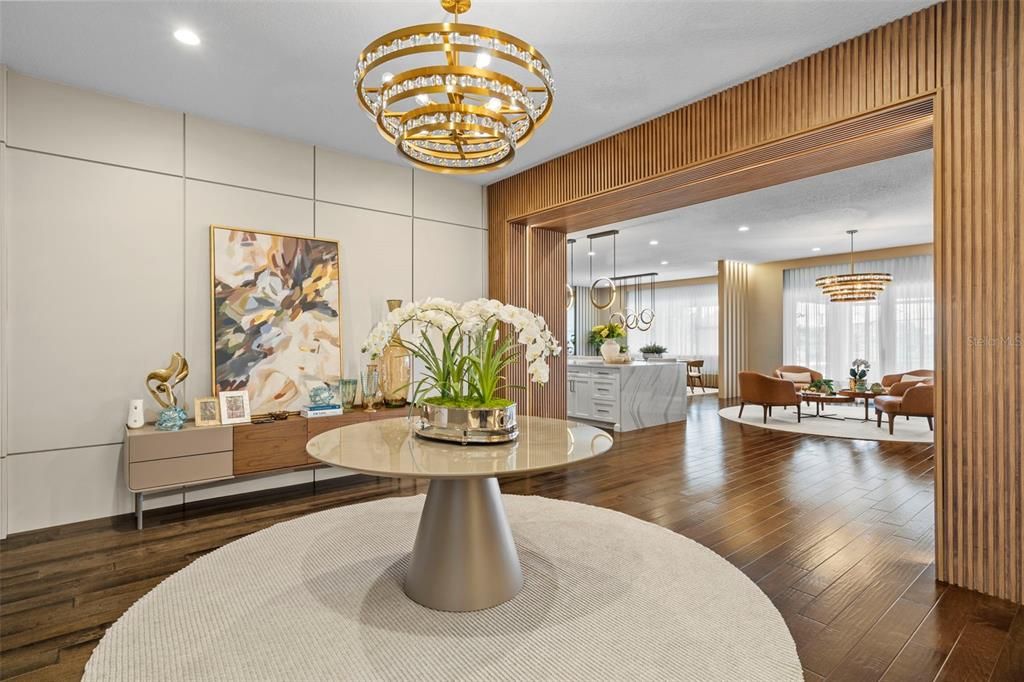 Chandelier, Dining room, Interior, Pendant Lights, Recessed Lighting, Wood Texture Flooring