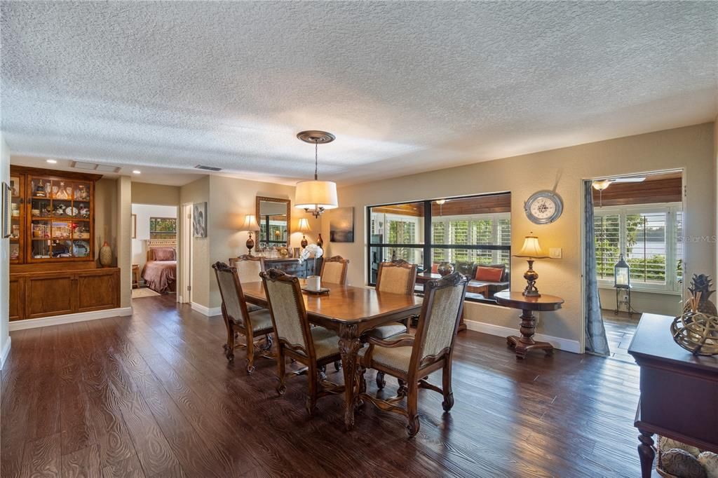 Dining room, Interior, Pendant Lights, Recessed Lighting, Wood Texture Flooring