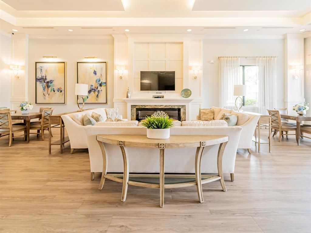 Dining room, Fireplace, Interior, Living room, Recessed Lighting, Wood Texture Flooring