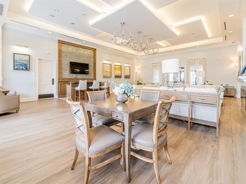Chandelier, Dining room, Interior, Recessed Lighting, Wood Texture Flooring