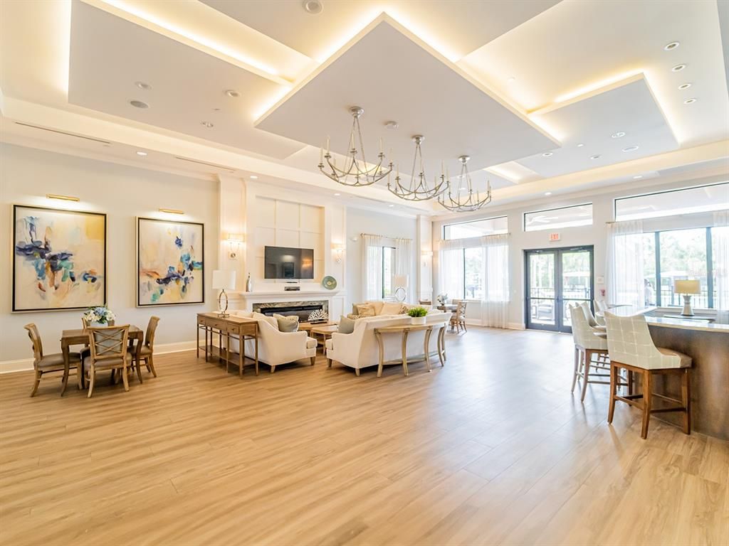 Chandelier, Dining room, Fireplace, Interior, Living room, Recessed Lighting, Wood Texture Flooring