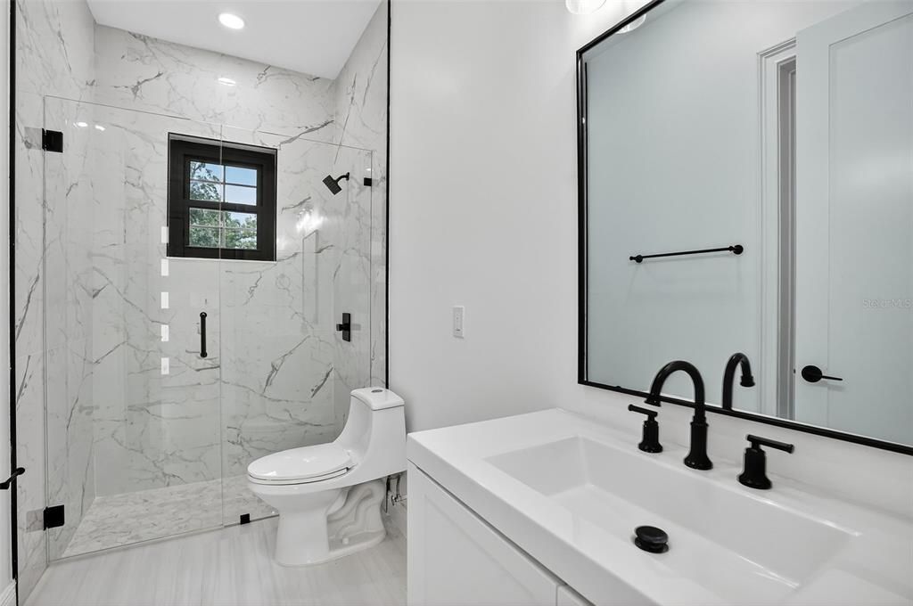Bathroom, Glass Shower, Interior, Marble Walls, Recessed Lighting
