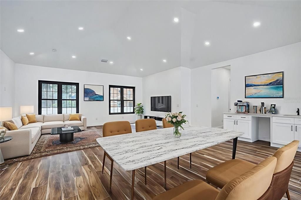 Dining room, Interior, Living room, Recessed Lighting, Wood Texture Flooring