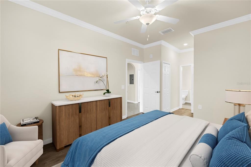 Bedroom, Interior, Recessed Lighting, Wood Texture Flooring