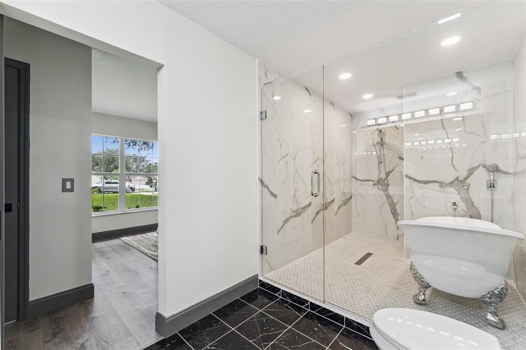 Bathroom, Glass Shower, Interior, Marble Walls, Recessed Lighting, Wood Texture Flooring