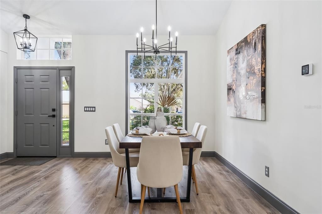 Dining room, Interior, Pendant Lights, Wood Texture Flooring