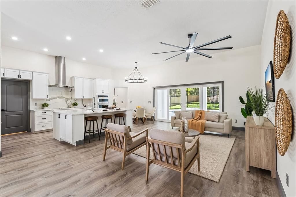 Interior, Kitchen, Living room, Pendant Lights, Recessed Lighting, Stainless Steel Appliances, Wood Texture Flooring